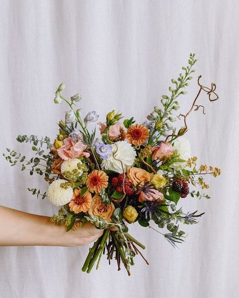 Wedding Bouquet Wild Flowers Rustic, Wild Flowers And Roses Bouquet, Wild Wedding Bouquet Summer, Fall Garden Wedding Bouquet, Fall Colors Spring Wedding, Sunset Inspired Wedding Flowers, Simple Colorful Wedding Flowers, Natural Wildflower Bouquet, Pnw Wedding Flowers