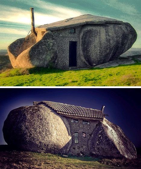 Inspired by none other than the Flintstones, this is not a work of installation art nor a themed hotel – it is simply the private residence of one person who saw a unique design opportunity and creatively integrated the natural environment while constructing his custom home on hill with a view (images via Jsome). Flintstones House, Stone Home Design, Song Stuck In Your Head, Boulder House, Giant Boulder, Crazy Home, House Portugal, Rock House, Unusual Buildings