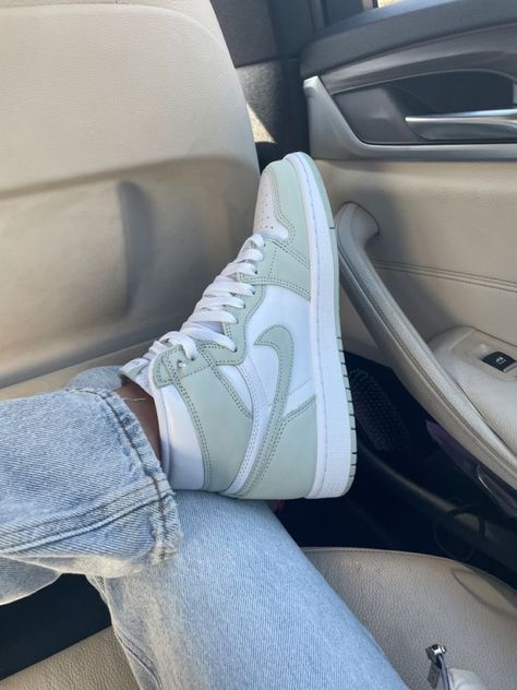 Seafoam Jordan 1s Outfits, Shoe Game Aesthetic, Cute Green Shoes, Air Jordan Green, High Top Nike Shoes, Nike Dunks High, Zapatillas Nike Air Force, Nike Dunks Low, Colored Sneakers