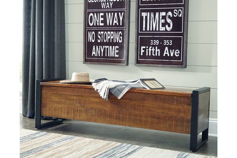 Glosco Storage Bench | Ashley Furniture HomeStore Big Lots Furniture, Rustic Storage Bench, Leather Ottoman Coffee Table, Dining Room Furniture Collections, Modern Rustic Furniture, Open Concept Great Room, Wooden Storage Bench, Diy Storage Bench, Wood Dining Room Table