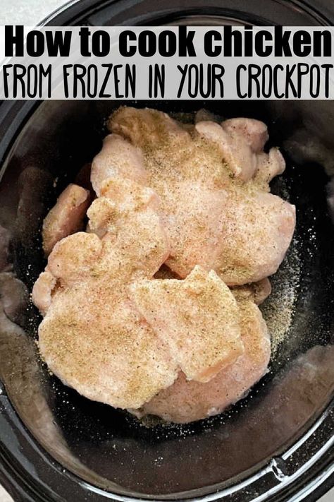 Learn how to make frozen, boneless and skinless chicken breasts in the Crock Pot for using in any recipe calling for cooked chicken. via @foodtasticmom Slow Cooker With Frozen Chicken, Chicken In Crock Pot Recipes Boneless, Crockpot Meals Frozen Chicken, How To Make Chicken In Crock Pot, Cooking Chicken In The Crockpot, How To Cook Chicken In Crockpot, Cooking Chicken In Crockpot, Frozen Chicken Tenders Crockpot, Crock Pot Chicken Meals Easy