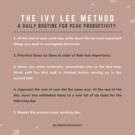 Darci Smith l Career Coach on Instagram: “Have you ever heard of the Ivy Lee Method? This method is old, like very old, but it works. Here’s why: The Ivy Lee Method breaks down…” Set Your Priorities Straight Quotes, Set Your Priorities Quotes, Ivy Lee Method, Straight Quotes, Priorities Quotes, Work Productivity, Improve Focus, Journal Inspo, The Ivy