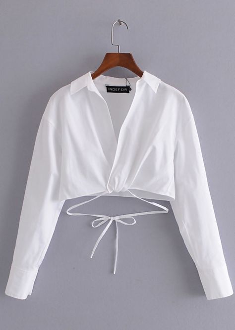 Formal Crop Top, Baggy Crop Top, White Long Sleeve Crop Top, White Shirt Outfits, Shirt Crop Top, Drawstring Detail, Concert Outfits, Crop Top Outfits, Causual Outfits