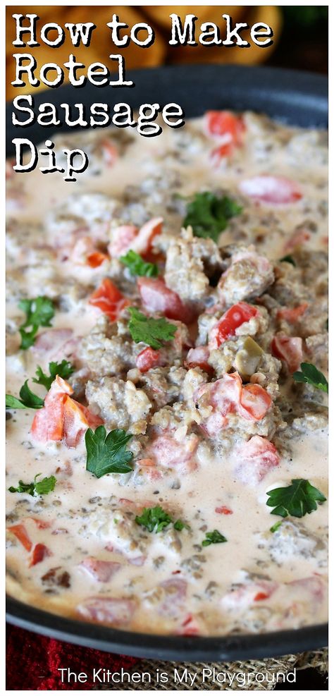 3-Ingredient Sausage Queso Dip (aka: Easy Rotel Sausage Dip) ~ Creamy, delicious, & super simple to make, this dip is a crowd-pleasing favorite. Perfect for just about anytime - from Cinco de Mayo, to game day, to party time fun. Or, easy enough to whip up for a random Tuesday night!  www.thekitchenismyplayground.com Rotel Sausage Dip, Sausage Queso Dip, Rotel Dip With Sausage, Sausage Queso, Sausage Cheese Dip, The Kitchen Is My Playground, White Queso Dip, Cheese Spread Recipes, Homemade Pimento Cheese