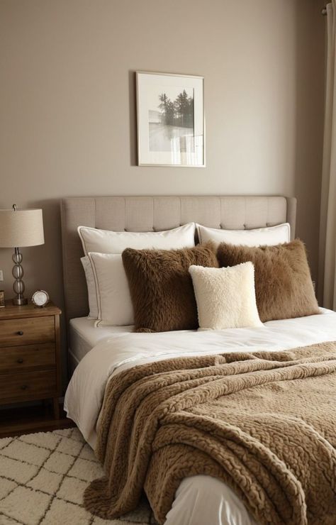 Brown Bedding Sets Aesthetic, Brown Throw Blanket On Bed, Beige And Brown Bedding, Brown Bed Rooms Ideas, Light Brown Wood Bedroom Ideas, Light Brown Bedding Aesthetic, Beige And Brown Room Aesthetic, Brown Pillows Bedroom, Cream And Brown Bedroom Cozy