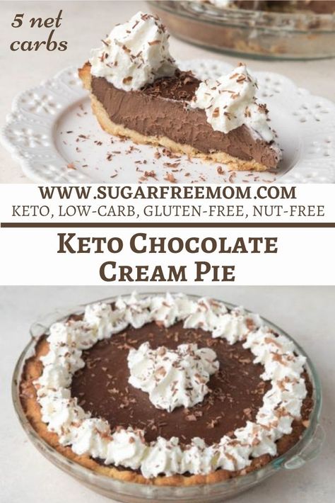 Sugar Free Keto Chocolate Cream Pie (Low Carb, Nut Free, Gluten Free) Keto Chocolate Cream Pie Low Carb, Keto Chocolate Silk Pie, Keto Cream Pie, Keto Dessert Nut Free, Keto Cream Pies, Keto Chocolate Pie Recipes, Keto Butterscotch Pie, Sugar Free Desserts For Diabetics Pie, Low Carb Pies Recipes