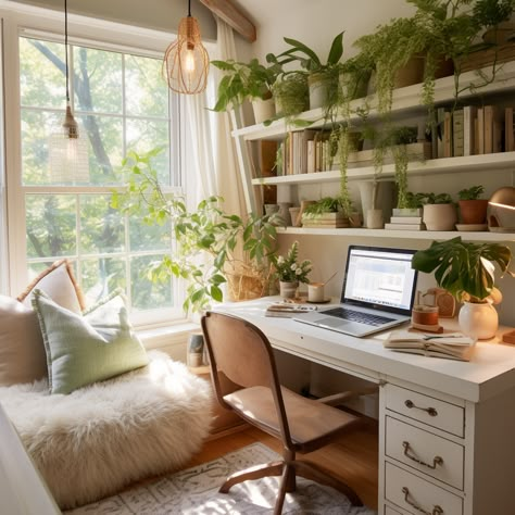 Cozy Art Office, Study Room Scandinavian, Small Rectangular Office Layout, Cozy Office Space Ideas, Boho Office Aesthetic, College Office Ideas, Cozy Office Inspiration, Open Office Design Home, Boho Computer Desk