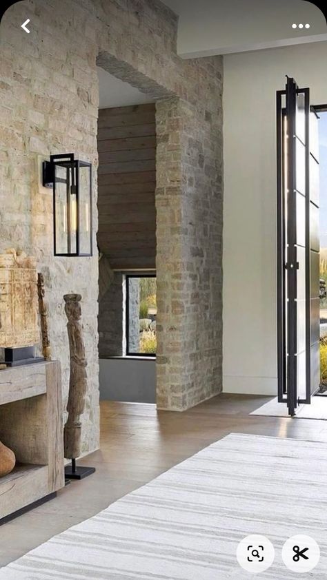 Stone Wall Entryway Interior, Modern Mountain Entryway, Stone Wall Entryway, Modern Cotswold House, Boston House, Door Design Modern, Bungalow Design, Stone Walls, Dream House Interior