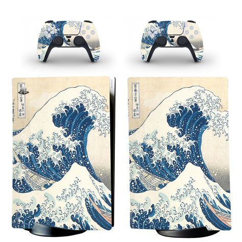 Kanagawa+decal+skin+for+PS5+digital+Console+&+2+Controllers The Great Wave Of Kanagawa, Ps5 Skin, Wave Of Kanagawa, Ps4 Accessories, Xbox One Skin, Custom Shoes Diy, The Great Wave, Great Wave Off Kanagawa, Disk Drive