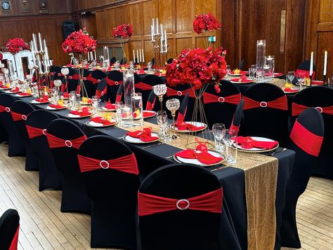 Red And Black Reception Ideas, Black Gold Red Party Decor, Red Gold And Black Party Decorations, Black Gold And Red Party Decorations, Black And Red Decor Party Ideas, Red Black And Gold Birthday Party Decor, Gold Reception Decor, Wedding Reception Party Favors, 60th Birthday Ideas For Mom