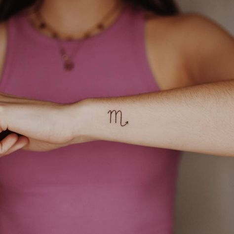 Scorpio Tattoo Minimalist Women, Scorpio Zodiac Symbol Tattoo, Minimalist Scorpio Tattoo Zodiac Signs, Small Scorpion Tattoo Woman Zodiac, Scorpio Symbol Tattoo For Women, Scorpio Wrist Tattoo, Scorpio Tattoo Wrist, Scorpio Tattoo Minimalist Symbols, Scorpio Zodiac Tattoos For Women