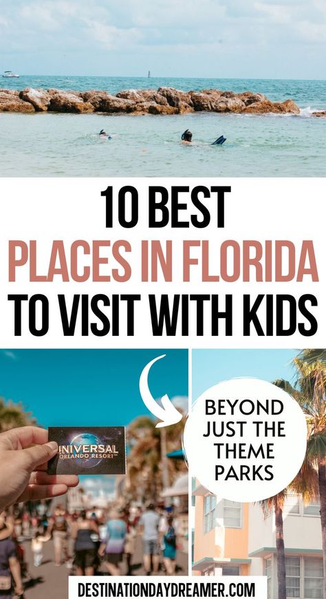 2 people snorkeling in blue ocean water, and a hand holding up a Universal Studios card with words overtop '10 Best Places in Florida to visit with Kids' Places To Travel In Florida, Roadtrip With Kids, Roadtrip Map, Florida With Kids, Best Places In Florida, Toddler Vacation, Places To Visit In Florida, Things To Do In Florida, Resorts For Kids