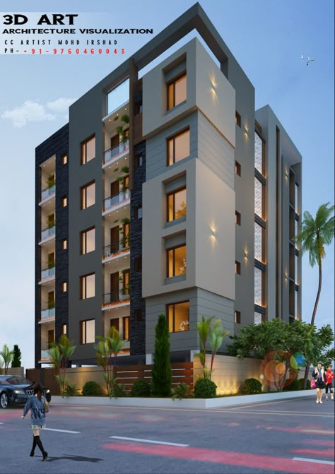 Apartment Facade Design Modern, Modern Apartment Elevation, Residential Building Elevation, Apartment Elevation Design, Commercial Building Exterior, Apartment Exterior Design, Apartment Elevation, Apartment Building Exterior, Freelance Architect