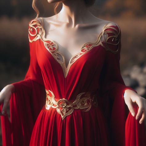 Red And Gold Fantasy Outfit, Red And Gold Fantasy Dress, Red Fantasy Dress Queens, Red Fantasy Dress, Fantasy Dress Queens, Red Medieval Dress, Targaryen Outfit, Aesthetic Princess Dress, Ancient Egyptian Dress