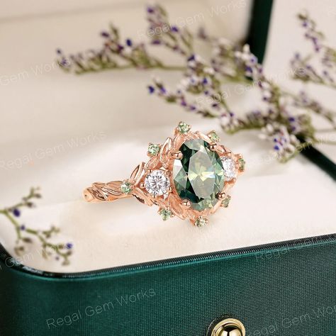 Nature Inspired Green Moissanite Floral Branch Engagement Ring Dainty Three Stone Wedding Ring Unique Green Tsavorite Halo Anniversary Ring - Etsy Unique Earthy Engagement Rings, Gem Stone Engagement Rings, Engagement Rings Green, Wedding Ring Upgrade, Fairytale Engagement Rings, Three Stone Wedding Ring, Green Engagement Rings, Jewelry 2024, Branch Engagement Ring