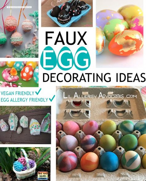 Faux Egg Decorating Ideas Easter. Egg allergy and vegan friendly. Easter decorating ideas using fake eggs and other materials. Vegan Easter Eggs, Easter Alternatives, Easter Egg Alternatives, Egg Coloring Ideas, Easter Egg Decorating Ideas, Egg Decorating Ideas, Egg Alternatives, Unique Easter Eggs, Egg Allergy