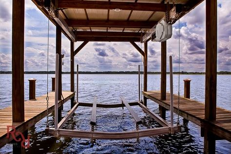 Permanent Boat Lifts - Photo Gallery | ShoreStation® Boat Lifts And Docks, Boat Lift Dock, Boat Hoist, Boathouse Design, House Lift, Floating Boat, Lake Dock, Boat Lift, Lift Design