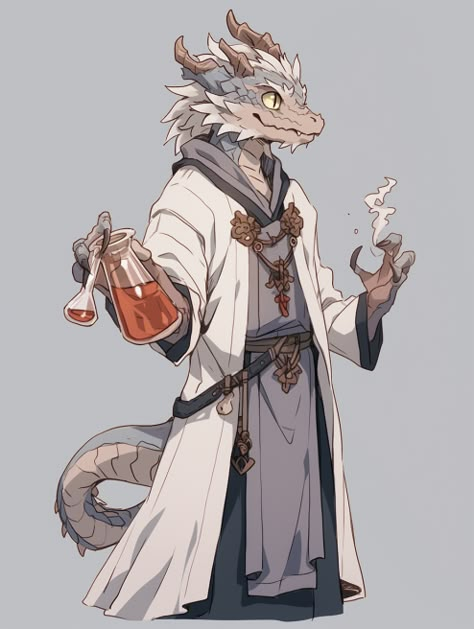 Dragon Dnd Character, Dragonborn Dnd Character Design, Dnd Kobold Character Art, White Dragonborn Dnd, White Kobold, Dnd Dragonborn Character Design, Dragonborn Dnd Art, Kobold Alchemist, Loxodon Cleric