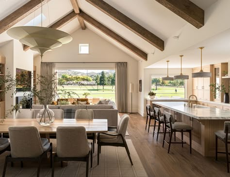 Hilltop Estate, Vaulted Ceiling Living Room, Elegant Dining Room, Living Kitchen, Exposed Beams, Indoor Outdoor Living, Elegant Dining, Basement Remodeling, Casas De Ensueño