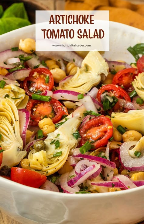 Greek Salad With Artichoke Hearts, Artichoke And Tomato Recipes, Artichoke And Tomato Salad, Tuscan Tomato Salad, Vegan Artichoke Salad, Italian Salad Vegetarian, Artichoke Hearts Salad, Light Salads Simple, Artichoke Spinach Salad