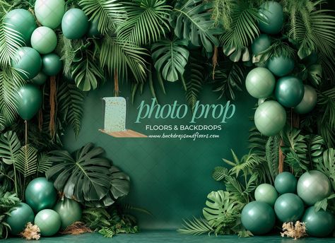 Wild One Jungle Photography Backdrop - Leopard Print, Palm Leaves, Wild Thing, Balloons, Green, Gold, Rainforest Climbing Vines Arch Cheetah by PhotoPropFloorsDrops on Etsy Jungle Backdrop, Jungle Photography, Staff Party, Cake Smash Backdrop, Climbing Vines, Big Photo, Big Leaves, Diy Backdrop, Backdrop Design