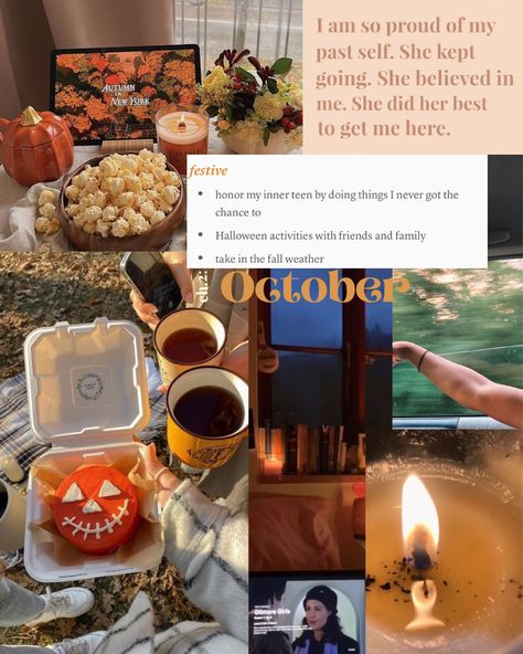 Moodboard for October, Halloween, and fall with monthly intentions October Intentions, Monthly Intentions, October Moodboard, Halloween And Fall, October Halloween, Fall Weather, Halloween Activities, Proud Of Me, Mood Boards