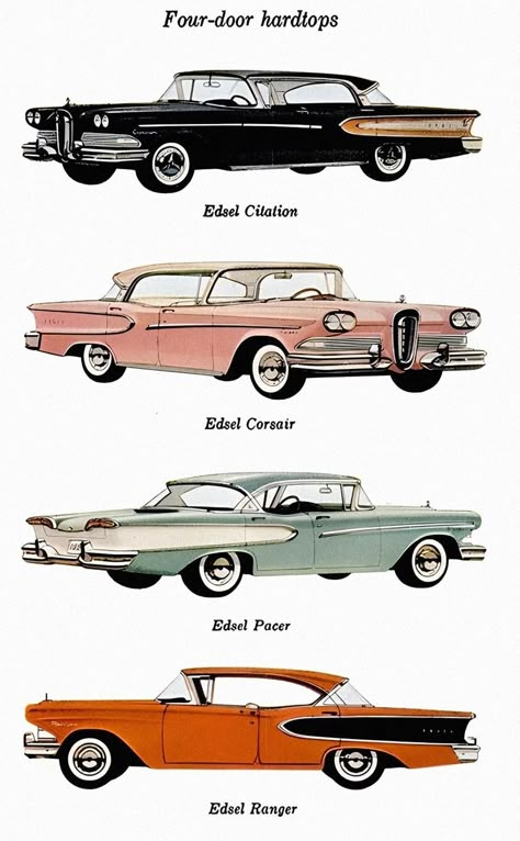 Classic Car Ads, Drawing Method, 1950s Cars, Rockabilly Cars, 1950s Car, 50s Cars, Edsel Ford, Lovely Car, Space Race