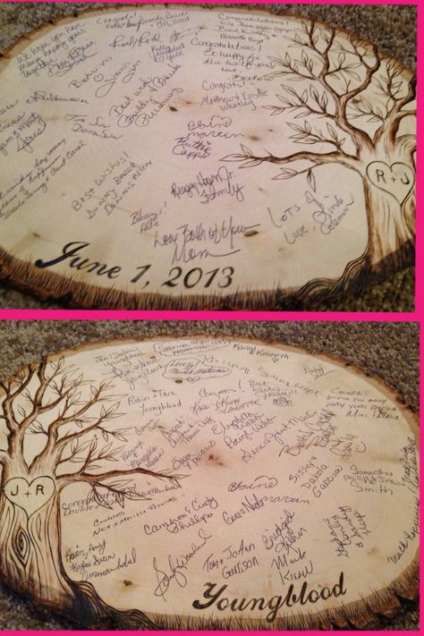 Guest book plaque! Best idea I ever had! Log Guest Book Wedding, Country Guest Book Ideas, Non Traditional Guest Book Ideas, Forest Wedding Guest Book, Canoe Wedding, Engagement Party Decorations Diy, Country Wedding Guest Book, Enchanted Forest Wedding Theme, Christmas Wedding Centerpieces