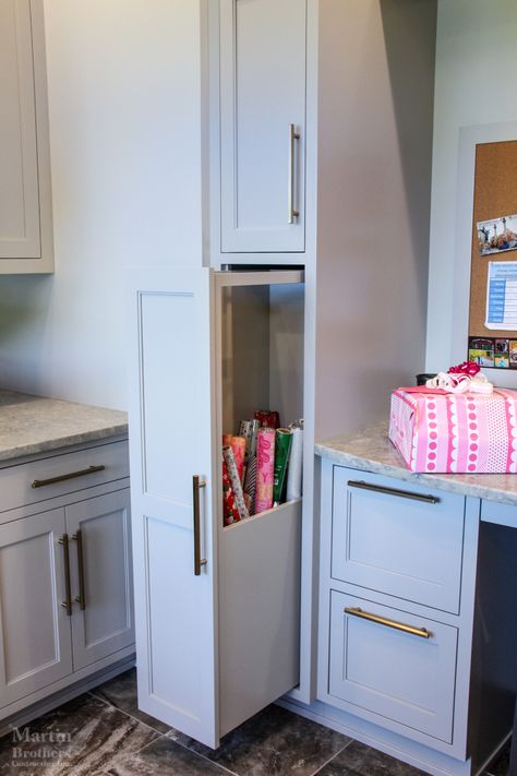 Mudroom Laundry Room Desk, Wrapping Station In Laundry Room, Laundry Room Wrapping Station, Laundry Room With Craft Area, Laundry Room With Desk Area Built Ins, Large Laundry Room Organization, Built In Desk Laundry Room, Mudroom Craft Room Combo, Aging In Place Laundry Room