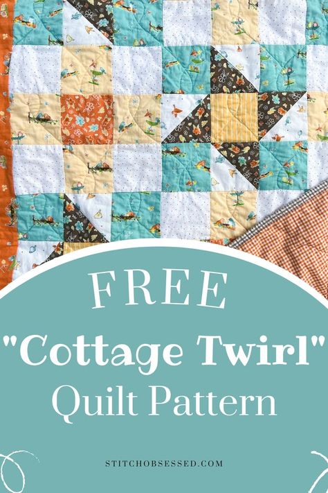 I'm super excited to introduce you to my free quilt pattern: "Cottage Twirl!" This is a fantastic pattern for a beginner quilter, and I hope you love it! Quilt Patterns Using Jelly Rolls, Foundation Quilt Blocks, Quilt Patterns Easy, Quilt Pattern Free, Simple Quilts, Sewing Patterns For Beginners, Electric Quilt, Quilt Pattern Download, Cottage Quilt