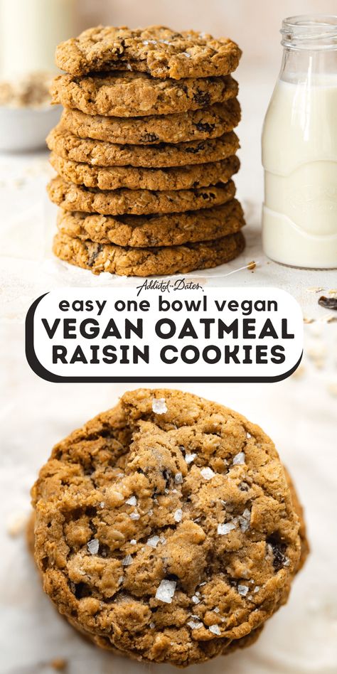 Easy Vegan Oatmeal Raisin Cookies - Addicted to Dates Easy Vegan Oatmeal, Vegan Oatmeal Raisin Cookies, Vegan Oatmeal Cookies, Cookie Recipes Oatmeal Raisin, Cookie Recipes From Scratch, Vegan Oatmeal, Cookie Cake Recipe, Oatmeal Cookie Recipes, Oatmeal Raisin Cookies