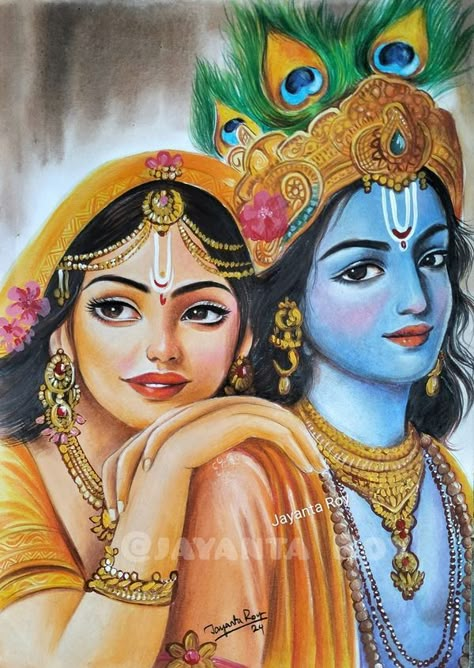 Jayanta Roy Krishna Drawing Acrylic, Radha Krishna Art Paintings, Radha Krishna Watercolor Painting, Radhe Krishna Painting, Krishna Ji Drawing, Pencil Colour Drawing, Coloured Drawings, Scenery Drawing For Kids, Radha Krishna Painting