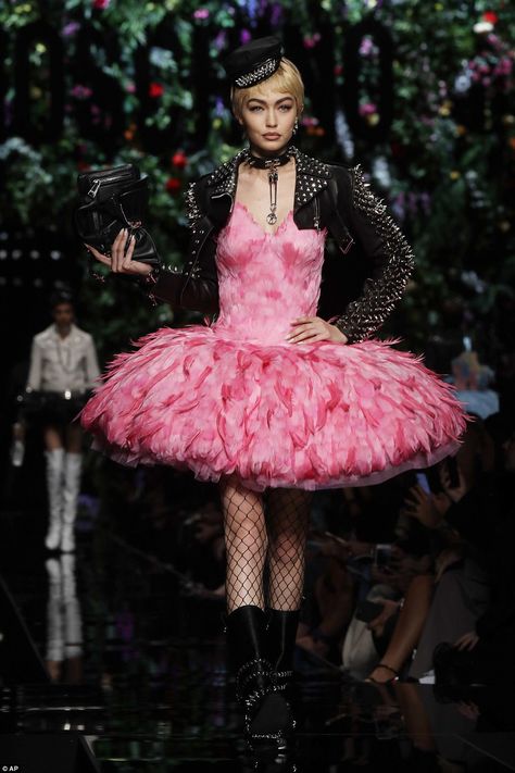 Gigi Hadid rocks bright bouquet at Moschino MFW show | Daily Mail Online High Fashion Pink Dress, Pink Rock Aesthetic Clothes, Pink Runway Aesthetic, Pink High Fashion Haute Couture, Pink Avant Garde Fashion, Hadid Fashion, Edgy Leather Jacket, Bright Bouquet, Feather Skirt