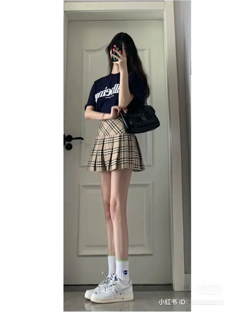 #fashion #ootd #korean #chinese #japanese #asian #tshirt #navyblue #blueshirt #skirt #plaidskirt #brown T Shirt And Skirt Outfit Korean, Asian Skirt Outfits, Plade Skirt Outfit, Blue Plaid Skirt Outfit, Brown Plaid Skirt Outfit, Outfit Ideas Asian, Brown Skirt Outfit, Skater Skirt Outfit, Skirt Outfits Korean