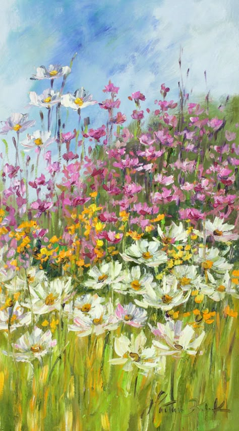 Flower Bed Painting, Nature House Interior, House Interior Art, Flower Meadow Painting, Wild Flower Painting, Mountains Flowers, Heather Flower, Wild Landscape, Flowers Meadow