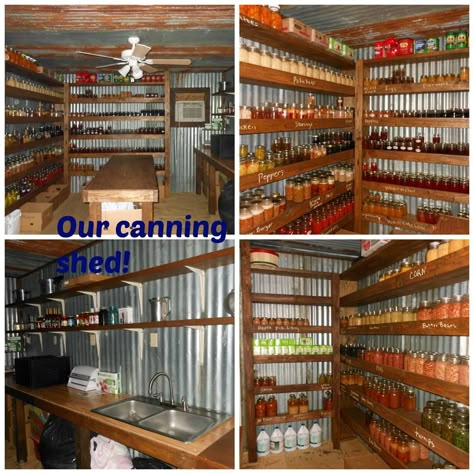 Love this...Canning Shed... Here is a photo of someone who has canning together... I have to admit I just love organized pantries and shelves... I store rice and all items along those items that in clear sealed containers... it just looks much neater, easier to find what you need, you can see if you are low on something and keeps it fresher... Canning Room Ideas Small Spaces, Canning Station Ideas, Canning Kitchen Layout, Canning Kitchen Ideas, Canning Shed, Cellar Pantry, Canning Room, Root Cellar Storage, Canning Storage