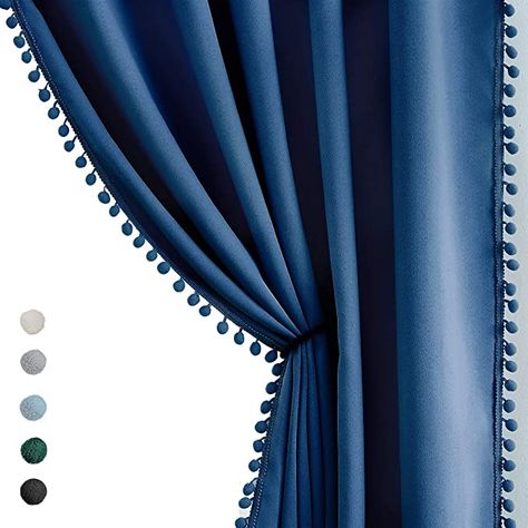 Amazon.com: Pom-Pom Blue Curtains Living Room 84 inches Energy Efficient Thermal Insulated Room Darkening Curtain Panels for Bedroom Window Draperies Nursery Room Children 50" w x2 Panels Rod Pocket: Home & Kitchen Royal Blue Curtains, Pom Pom Curtains, Wall Mounted Corner Shelves, Blue Blackout Curtains, Blackout Curtains Bedroom, Room Children, Curtain Rings With Clips, White Sheer Curtains, Curtains For Bedroom