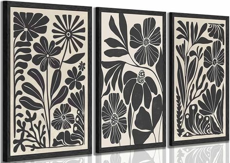 Black White Boho Decor, White Floral Painting, Abstract Floral Artwork, Pictures Wall Decor, Black Plant, Apartment Vibes, Plant Wall Decor, Art Mid Century Modern, Painting Pictures