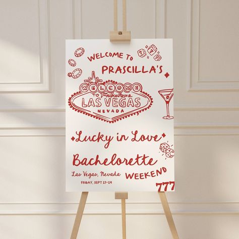 Introducing our Whimsical Hand-Drawn Style Viva Las Vegas themed "Lucky In Love" Vegas Bachelorette Welcome Sign Editable Template - the perfect way to set the tone for a joyous and intimate celebration. This charming template features delightful, hand-drawn illustrations that exude a playful elegance, ensuring your guests feel the love and excitement from the moment they step into your beach party. The fully editable color palette adds a touch of romance, while the funky whimsical design elemen Vegas Engagement Party, Lucky In Love Theme, Lucky In Love Bachelorette, Bachelorette Party Themes Vegas, Vegas Themed Bachelorette Party, Lucky In Love Bachelorette Party, Vegas Bachelorette Party Themes, Bachelorette Party Sign, Bachelorette Party Signs