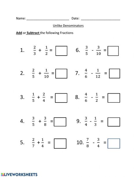 Adding and subtracting unlike fractions interactive and downloadable worksheet. You can do the exercises online or download the worksheet as pdf. Adding Fractions With Different Denominators, Fractions Addition And Subtraction, Adding Like Fractions Worksheet, Adding And Subtracting Fractions Unlike, Like And Unlike Fractions Worksheet, Addition Fractions Worksheet, Subtract Fractions Unlike Denominators, Fractions Adding And Subtracting, Subtracting Fractions Unlike Denominator