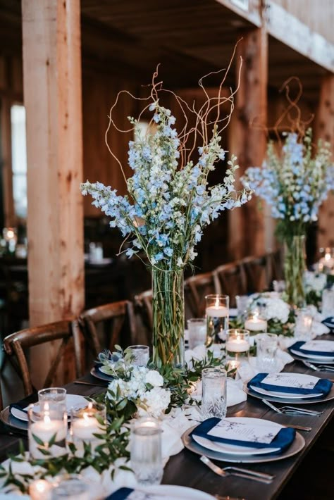 Delphinium Flower Centerpiece, Eucalyptus And Blue Flower Centerpiece, Eucalyptus And Blue Wedding Table Decor, Eucalyptus Blue Wedding, Pale Blue Party Decor, Moki Gray Weddings, Family Style Wedding Centerpieces, Steel Blue Centerpieces Wedding, Blue Fall Wedding Bouquets