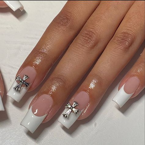 Cross Nails, Girly Acrylic Nails, French Tip Acrylic Nails, Gem Nails, Nail Jewelry, Short Acrylic Nails Designs, Heart Nails, Fire Nails, Dream Nails