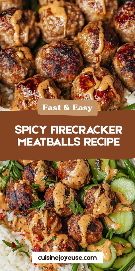 Delicious Spicy Firecracker Meatballs displayed on a platter. This pin illustrates how to make the perfect spicy appetizer, featuring two images showcasing the ingredients and the final dish, enhancing your culinary skills. Spicy Meatballs Recipe, Firecracker Meatballs, Firecracker Sauce, Spinach Artichoke Pasta, Meatballs And Rice, Spicy Meatballs, Cauliflower Gratin, Acorn Squash Recipes, Marsala Chicken Recipes