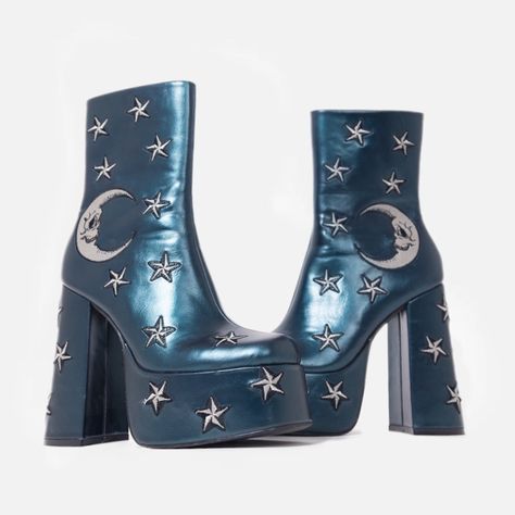 Dreams of Mooncraft Teal Heeled Boots Fairygrunge Shoes, Whimsigoth Shoes, Whimsigoth Boots, Teal Clothes, Moon And Stars Embroidery, Holographic Boots, Platform Heel Boots, Stars Embroidery, Teal Heels