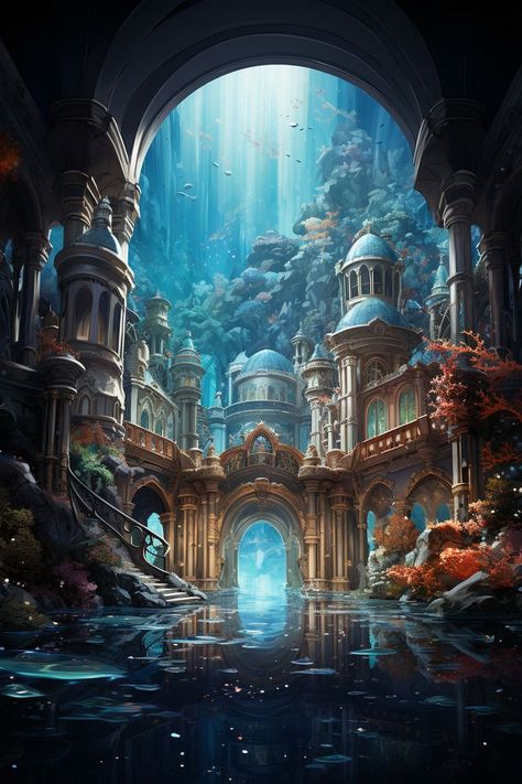 Fantasy Landscape Art, Apocalypse Landscape, Glass Architecture, Landscape Digital Art, Art Underwater, Lost City Of Atlantis, Fantasy Wallpaper, Sunken City, Underwater City