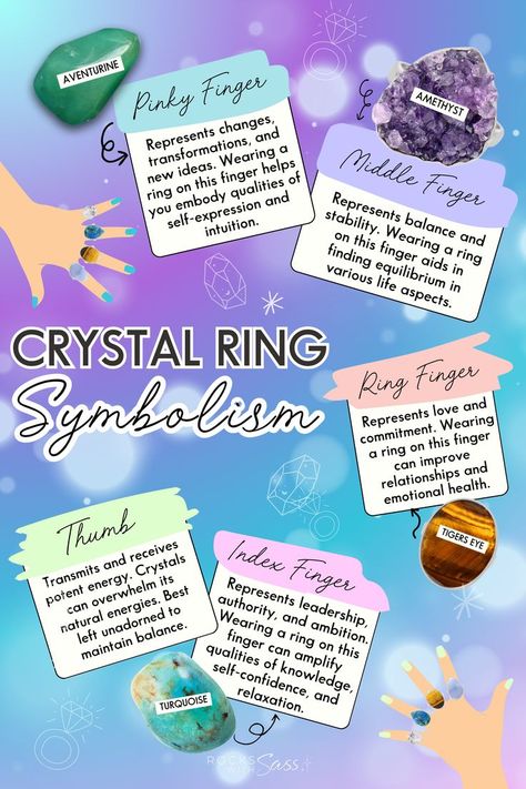 Discover the powerful symbolism behind wearing crystal rings with this detailed infographic from Rocks with Sass. Learn how different crystals can enhance your personal energy and intentions depending on their placement. Whether it's a Quartz ring for clarity on your index finger or a Lapis Lazuli for wisdom on your thumb, find out how to optimize your crystal energy. Pin this guide for reference and explore our collection for the perfect ring. #CrystalRings #JewelrySymbolism #EnergyHealing Ring Placement Meaning, Wearing Crystals, Ring Symbolism, Crystal Witch, Witch Tips, Eclectic Witch, Personal Energy, Crystal Energy, Healing Crystal Jewelry