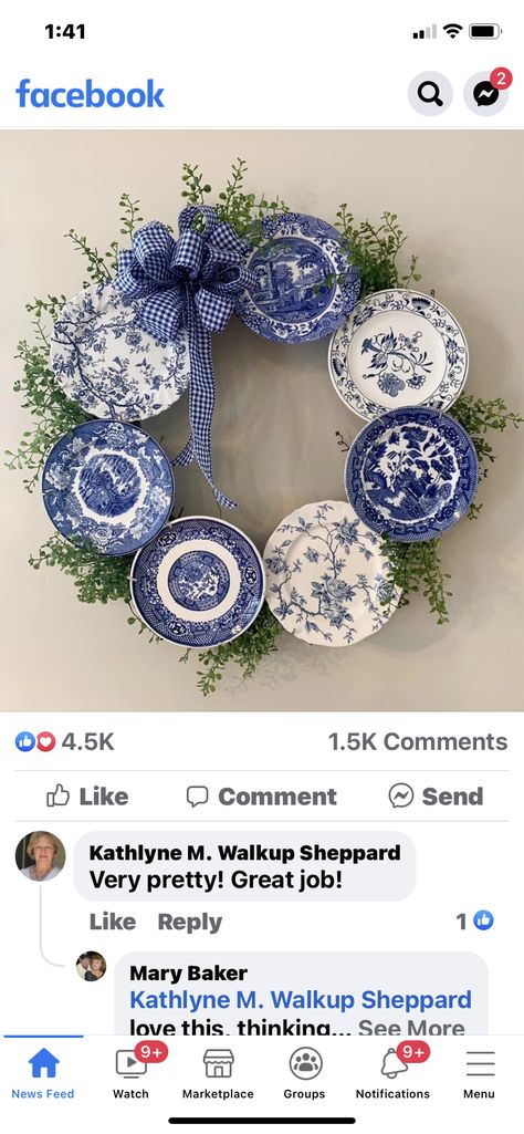 Toile Wreath Diy, Wreath Made From China Plates, Blue Willow Plate Wreath, Blue Willow Plates On Wall, Blue And White Grapevine Wreath, Teacup Crafts, Blue White Decor, Door Wreaths Diy, Front Entry Doors