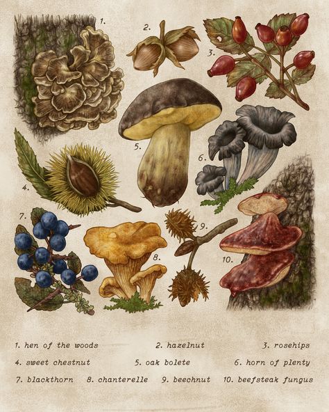 Fungi Illustration, Edible Wild Plants, Autumn Illustration, Fall Fruits, Wild Edibles, Mushroom Decor, Vintage Junk, Wild Food, Wild Plants