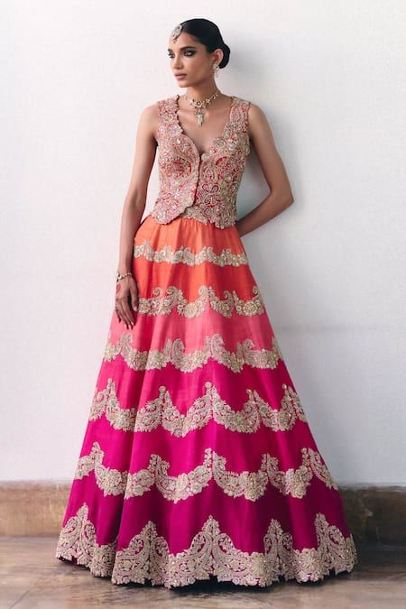 Buy Orange Raw Silk Embroidered Resham V Neck Akshi Waistcoat And Lehenga Set For Women by Mrunalini Rao Online at Aza Fashions. Mrunalini Rao Lehenga, Mrunalini Rao, Floral Cutwork, Cultural Wear, Waistcoat Pattern, Diana Penty, Pearl Embroidery, Draping Fashion, Karisma Kapoor