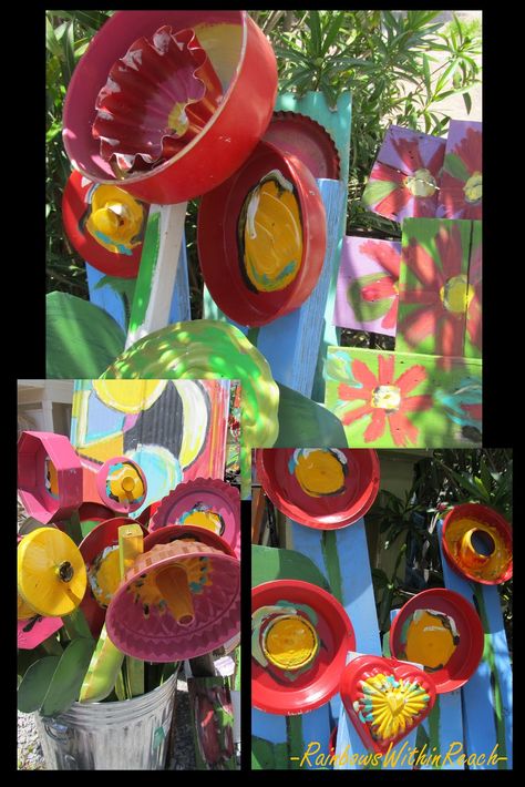 bright flowers, Upcycled flower sculptures, kitchen recycled pans into Art, Flower Bulletin Boards, Spring Arts And Crafts, Assemblage Sculpture, Bundt Pans, Upcycled Kitchen, Kitchen Pans, Kids Garden, Sensory Garden, Children's Garden